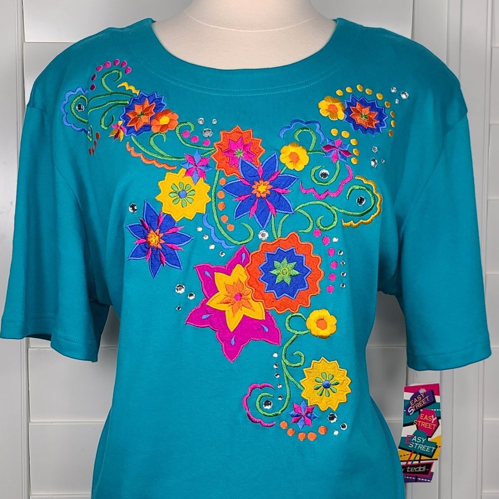 Teal Embroidered Rhinestone Embellished Flower Top